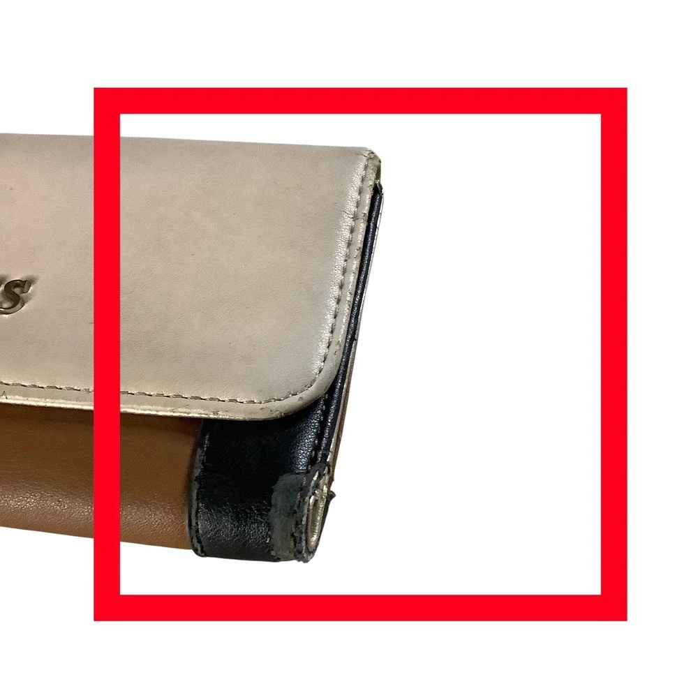 GUESS Tri-Fold Wallet Womens Tan Cream Black Colorblock Logo Faux Leather